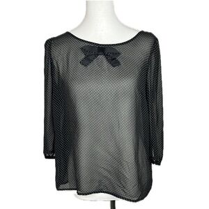 Lauren Conrad Black Polka Dot Sheer Bow  Blouse Mod Retro 3/4 Sleeve Top Sz M